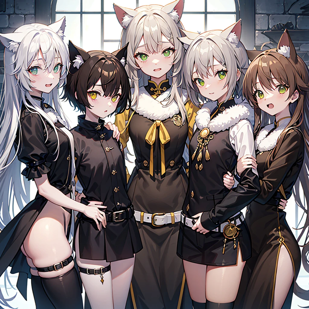 Long, bushy, light brown hair with a gray tint。Coldly。Round and flat face。Large, round, yellow-green eyes。Large pupils。Small, flat nose。Small round cat ears。Small and stocky build。The limbs are short and sturdy.。Cold-resistant。fluffy fur。sensitive。Black Costume Belt on torso Gothic