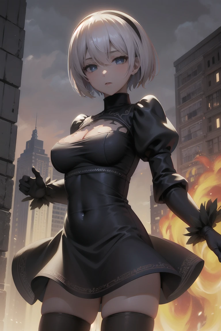 (masterpiece, best quality, highres, high resolution:1.2), extremely detailed, intricate details, 1girl, solo, looking at viewer, cowboy shot, standing, hm2b, light blue eyes, clothing cutout, long sleeves, puffy sleeves, juliet sleeves, feather trim, black thighhighs, black gloves, covered navel, (white_leotard:1.2), outdoors, dystopian, ruined city, (cinematic lighting, bloom, volumetric),