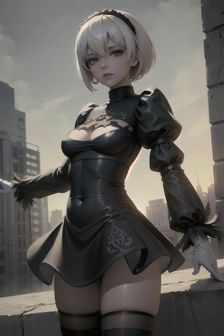 (masterpiece, best quality, highres, high resolution:1.2), extremely detailed, intricate details, 1girl, solo, looking at viewer, cowboy shot, standing, hm2b, light blue eyes, clothing cutout, long sleeves, puffy sleeves, juliet sleeves, feather trim, black thighhighs, black gloves, covered navel, (white_leotard:1.2), outdoors, dystopian, ruined city, (cinematic lighting, bloom, volumetric),