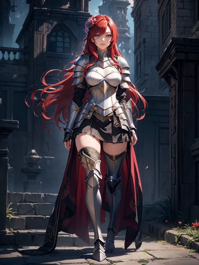 ((1girl, solo)), beautiful body, (perfect anatomy, perfect body, perfect hands, perfect legs), (five fingers:1.5), natural proportions, sexy body, large breasts, cowboy shot BREAK
((extremely detailed face)), (beautiful detailed eyes:1.6), (realistic pupils, realistic iris:1), expressive eyes, looking at viewer, (clear eyes:1.3), (hyperrealistic:1.2), (detailed skin texture:1.2), smooth skin, (red hair:1.5), golden eyes, long hair, waist-length wavy hair, bangs, hair between eyes, hair partially tied into a bun, hair ornaments, ((hair flower)), golden rose hair ornaments, ((mature female)), (detailed lips:1.2), (attractive lips:1.1), (glossy lips:1.1), (smile), perfect face, perfect eyes BREAK
female knight, long sleeves, (fantasy armor:1.5), cleavage, (breastplate:1.3), (shoulder armor:1.2), (arm guard:1.3), armor gloves, (micro mini skirt:1.5), zettai ryouiki, thighs, thighhighs, (greaves:1.3), armored boots, belt BREAK
(outdoors:1.5), (day:1.3), nature, trees, (shade of trees:1.2), medieval, (fantasy setting:1.5) BREAK
(masterpiece:1.5), anime-style, top quality, best quality, (beautiful and aesthetic:1.2), (ultra detail:1.5), Ultra-detailed depiction, Ultra-precise depiction, extremely detailed 8k illustration, high resolution, (highly detailed shading:1.2), (realistic lighting:1.4), perfect lighting, vibrant colors, dynamic tones, striking hues, 8k, absurd resolution, perfect shadows, hdr, UHD, ambient lighting, realistic, ultra-realistic, photo realistic, highly detailed, rich detail, luminous colors, fine texture, intricate design, professional illustration, (soft light:1.2), (illustration:0.7)