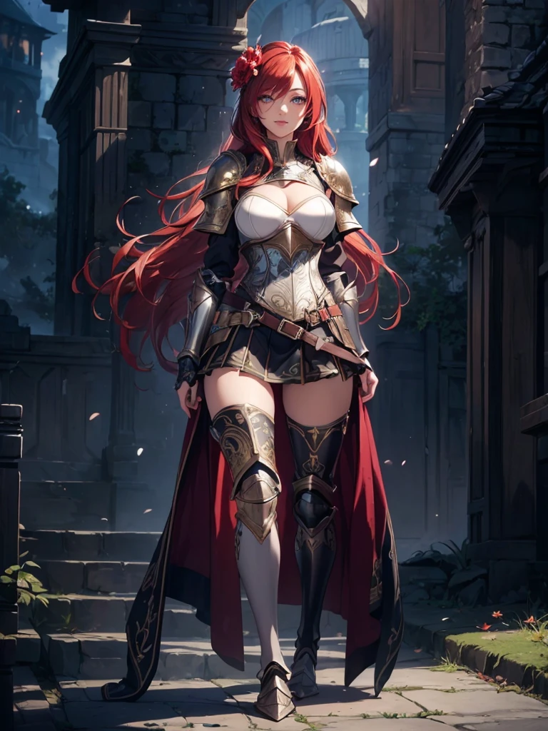 ((1girl, solo)), beautiful body, (perfect anatomy, perfect body, perfect hands, perfect legs), (five fingers:1.5), natural proportions, sexy body, large breasts, cowboy shot BREAK
((extremely detailed face)), (beautiful detailed eyes:1.6), (realistic pupils, realistic iris:1), expressive eyes, looking at viewer, (clear eyes:1.3), (hyperrealistic:1.2), (detailed skin texture:1.2), smooth skin, (red hair:1.5), golden eyes, long hair, waist-length wavy hair, bangs, hair between eyes, hair partially tied into a bun, hair ornaments, ((hair flower)), golden rose hair ornaments, ((mature female)), (detailed lips:1.2), (attractive lips:1.1), (glossy lips:1.1), (smile), perfect face, perfect eyes BREAK
female knight, long sleeves, (fantasy armor:1.5), cleavage, (breastplate:1.3), (shoulder armor:1.2), (arm guard:1.3), armor gloves, (micro mini skirt:1.5), zettai ryouiki, thighs, thighhighs, (greaves:1.3), armored boots, belt BREAK
(outdoors:1.5), (day:1.3), nature, trees, (shade of trees:1.2), medieval, (fantasy setting:1.5) BREAK
(masterpiece:1.5), anime-style, top quality, best quality, (beautiful and aesthetic:1.2), (ultra detail:1.5), Ultra-detailed depiction, Ultra-precise depiction, extremely detailed 8k illustration, high resolution, (highly detailed shading:1.2), (realistic lighting:1.4), perfect lighting, vibrant colors, dynamic tones, striking hues, 8k, absurd resolution, perfect shadows, hdr, UHD, ambient lighting, realistic, ultra-realistic, photo realistic, highly detailed, rich detail, luminous colors, fine texture, intricate design, professional illustration, (soft light:1.2), (illustration:0.7)