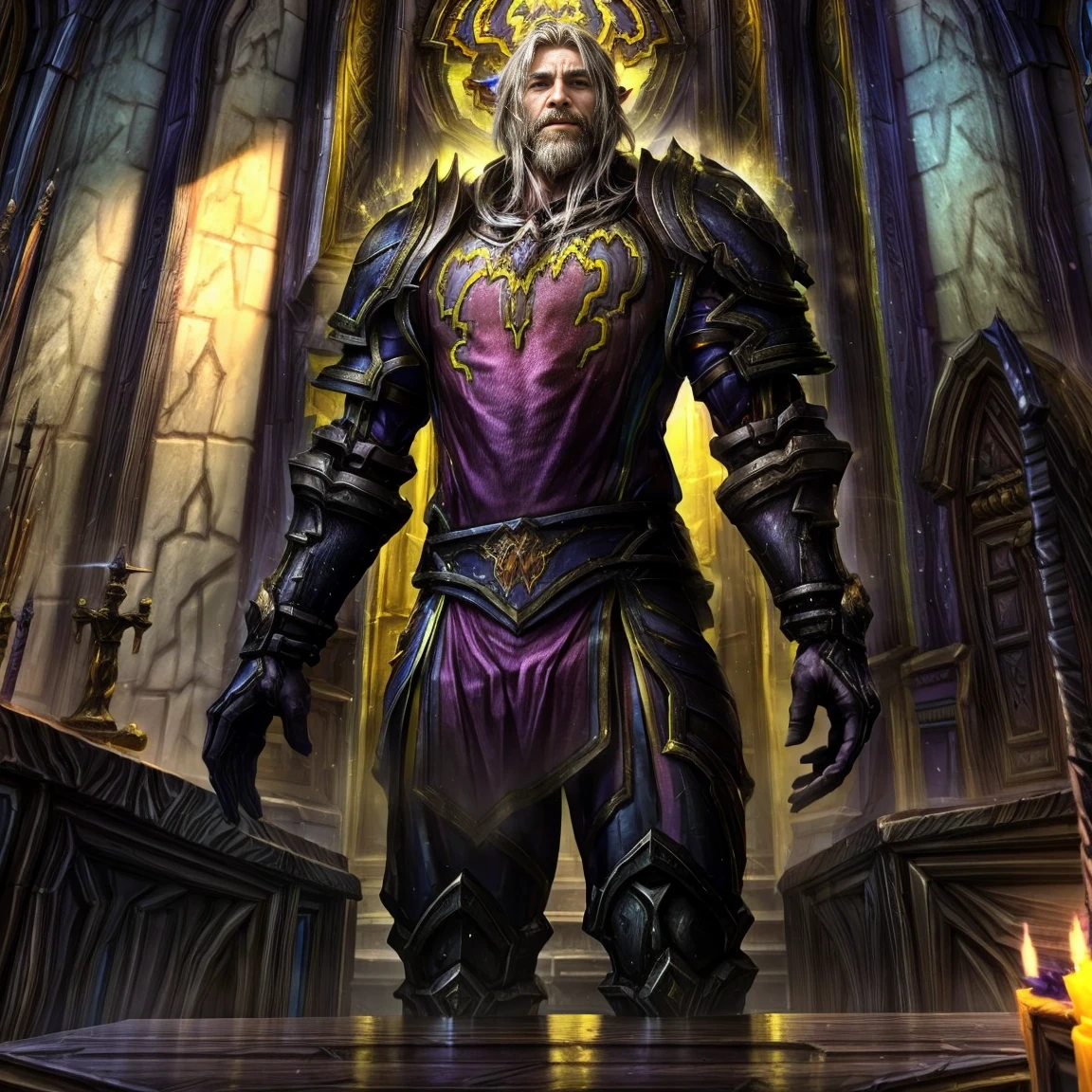 Draego, a medieval knight in shining armor, standing in front of an altar in a large cathedral, dramatic backdrop, high contrast, wide angle lens, vibrant colors, serene, detailed intricate armor, flowing cape, determined facial expression, sunlight streaming through stained glass windows, ornate altar with candles, dramatic shadows, cinematic composition, photorealistic, 8k, hyper detailed, masterpiece, (((World of warcraft stormwind:1.2)))
