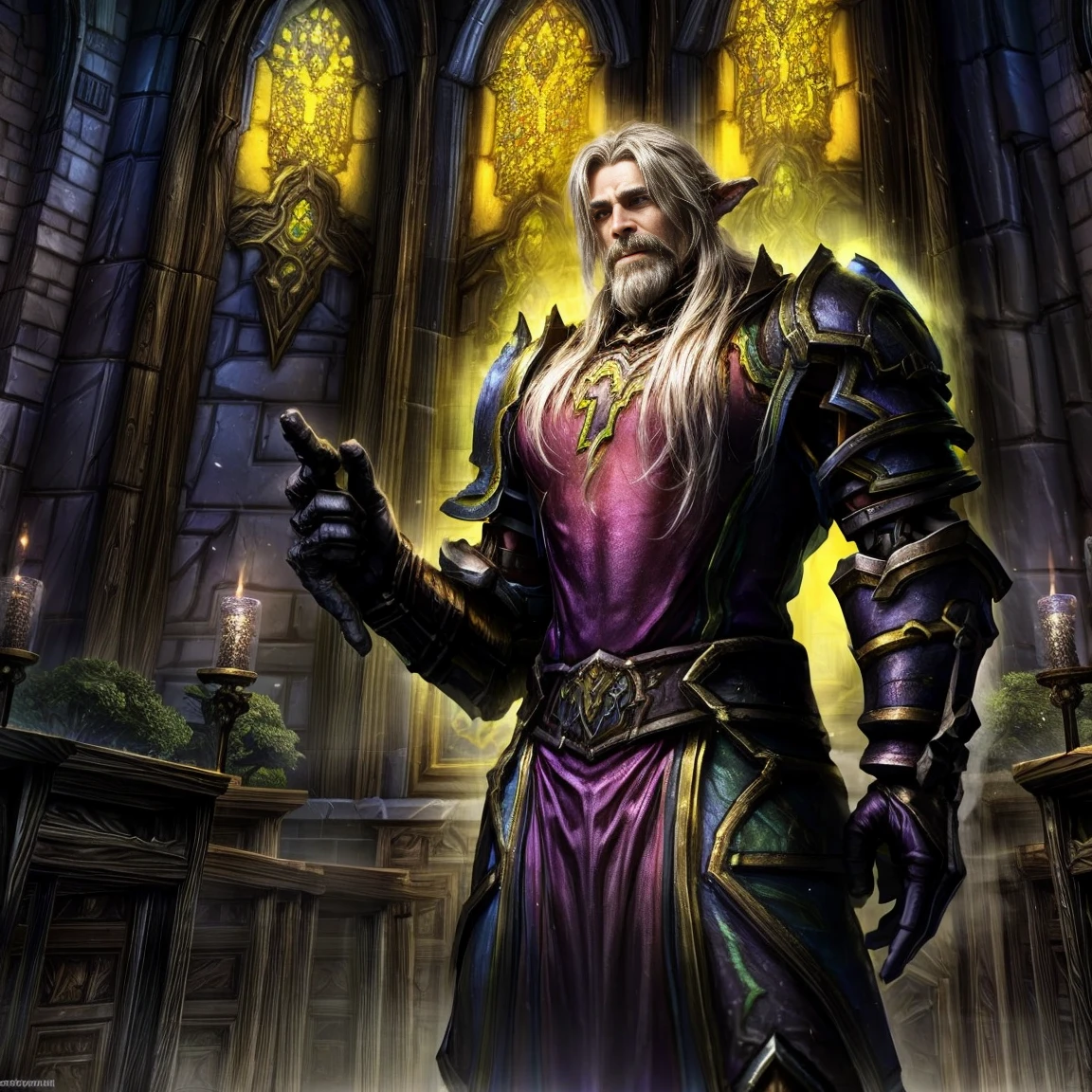 Draego, a medieval knight in shining armor, standing in front of an altar in a large cathedral, dramatic backdrop, high contrast, wide angle lens, vibrant colors, serene, detailed intricate armor, flowing cape, determined facial expression, sunlight streaming through stained glass windows, ornate altar with candles, dramatic shadows, cinematic composition, photorealistic, 8k, hyper detailed, masterpiece, (((World of warcraft stormwind:1.2)))
