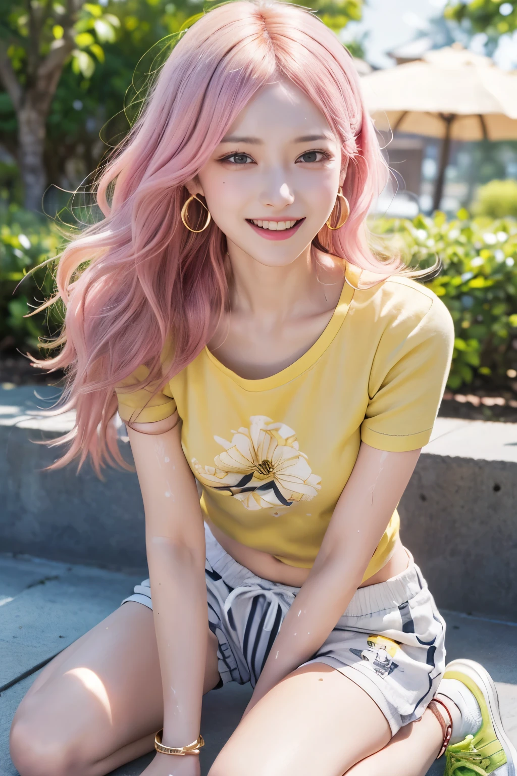 (8K, top-quality, masterpiece:1.2), (reallistic, Photorealsitic:1.37), Super Detail, One girl,), (Highly detailed), (beautifully detailed eyes), (of the highest quality), (super detailed ), (masterpiece), (Detailed face),20yr old, ,1 girl, ((pink hair,long hair)), medium breasts, clothed, Perfect Lighting, BREAK, (bright lemon yellow t-shirt:1.3), (small floral print:1.1), (striped linen shorts:1.2), (lightweight cotton fabric:1.1), (rolled-up sleeves:1.1), (cuffed hems:1.1), (white ankle socks:1.1), (white sneakers:1.1), (delicate floral earrings:1.1), (thin gold bracelet:1.1), BRAKE, (upper body to thighs:1.1), (long pink hair:1.1), (waves:1.1), (smiling:1.1), (facing forward:1.1), (looking slightly away:1.1), (summer park:1.1), (soft lighting:1.1), BRAKE (sweat:1.5), (steam:1.2), (girl trembling with sexual climax:1.1), (looking at viewer:1.3), (Masturbation:1.3), (Seiza:1.3)