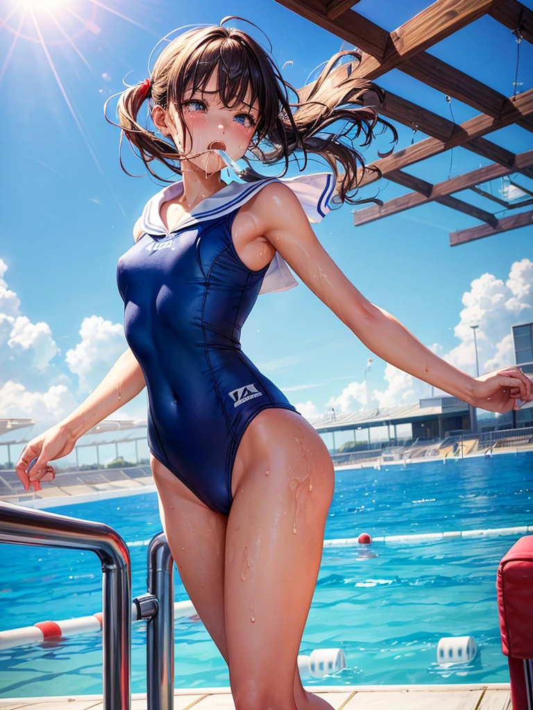 Highest quality,Highest Resolution,Sailor leotard2Beautiful girl with crying face,High leg,(((Tback))),Very beautiful eyes,Competition Pool,(((Drink a sports drink))),(((Open your mouth and drool))),sunny,blue sky,sweat profusely,Red tie,whole body,