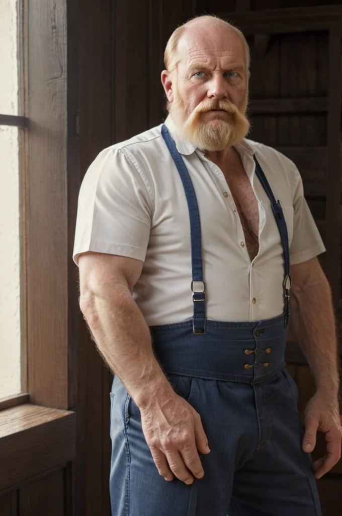 mature old man, grandpa, virile, tough, plump, bulging, stocky feet, hairy, ginger, pale skin, blue eyes, short mustache, balding, full body, best quality, intricate details, intricate designs, immersive, meticulously crafted, attention to detail