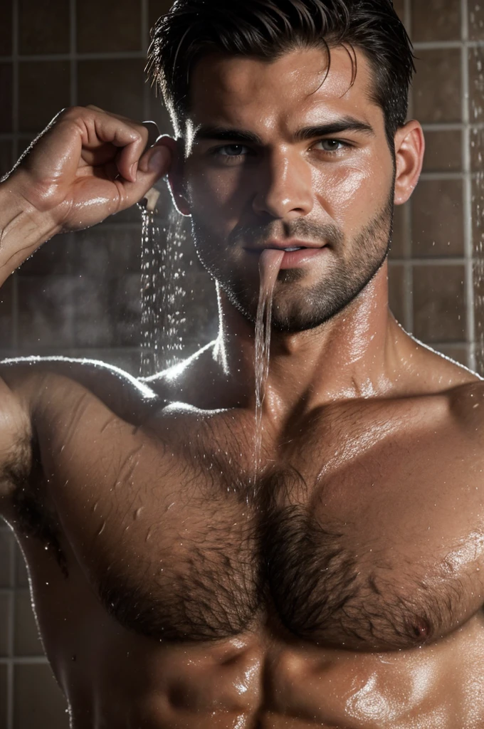 Best Quality, Masterpiece, super high resolution, A super model man in a gym shower., surrounded by steam and other men, super beautiful face, detailed body, clear pores visible, (SMILE:0.8), (realism:1.5), Photo original, soaked body, covered in sweat, in the dark, deep shadows, low-key, cold light, muscled body, detailed, hairy body, pectoral fleece, abominals discovered, white cum on face, she is removing the semen from her mouth with her hand