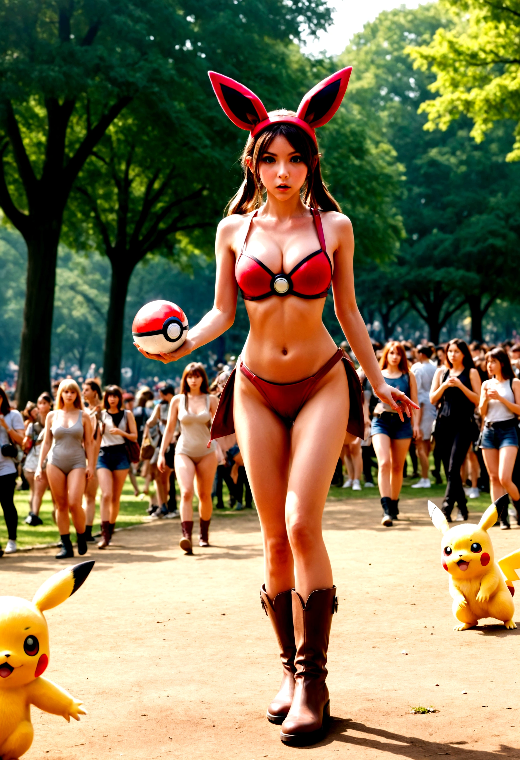 A determined cute woman pokemon trainer, tosses out her pokeball summoning a confused naked woman in pokemon boots and ears, crowded park in daytime
