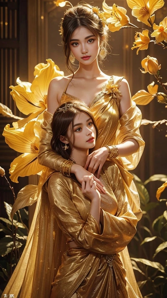Full figure, -clinging shooting, 18 years old, golden firefly clothes, strap clothes, glowing clothes, ornaments, exquisite faces, details, hands, ultimate details, amazing magnificence, Pedaipan style, fiber hair, glowing golden iris, ((glowing flower)),