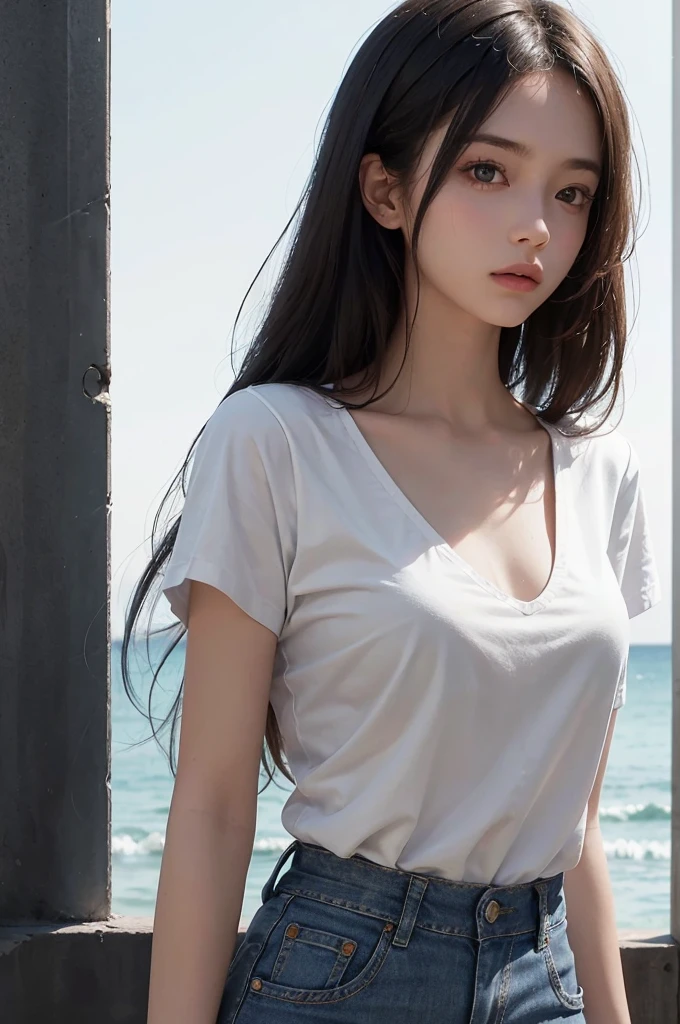 20 year old girl, blue short jean, white shirt, long hair, high contrast (Natural skin texture, Hyperrealism, Soft Light, sharp), portrait, standing