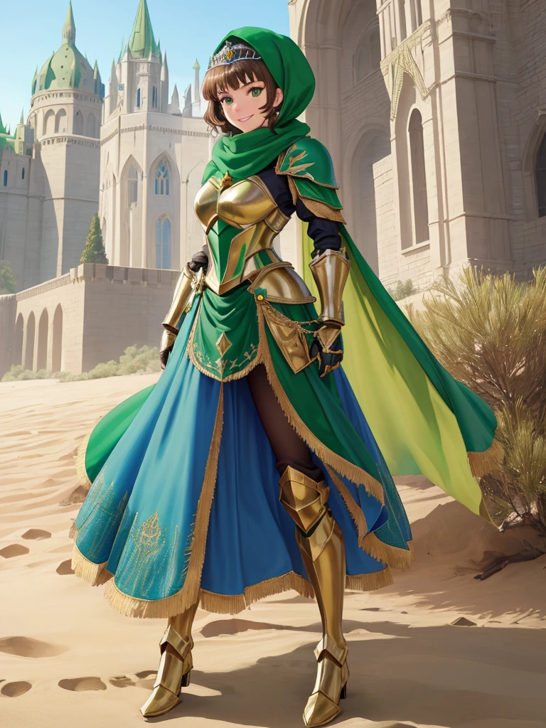 masterpiece, best quality:1.2), 1girl, smile, looking at viewer, green eyes, short brown hair, princess, armor, blue hijab headscarf, pauldrons, armored dress, green cloak cape, wearing puffy blue ballgown skirt, golden tiara with green gem, armored boots, fingerless gloves, standing in front of desert castle