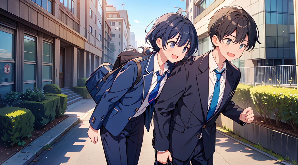 Highest quality, Ultra-high resolution, masterpiece, 8K quality,My son, a junior high school student, wears a navy blue blazer for his uniform.、Blue tie、Navy blue school bag、A mother seeing her son off to junior high school、 Laughing happily. There is a building in the background, Flat school building, Warm Spring.