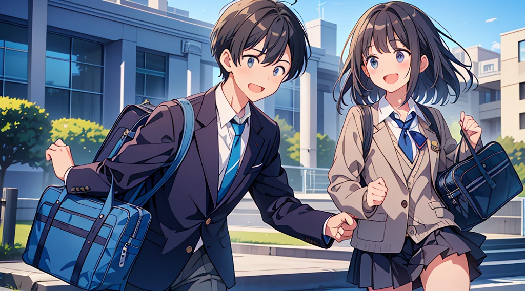 Highest quality, Ultra-high resolution, masterpiece, 8K quality,My son, a junior high school student, wears a navy blue blazer for his uniform.、Blue tie、Navy blue school bag、A mother seeing her son off to junior high school、 Laughing happily. There is a building in the background, Flat school building, Warm Spring.