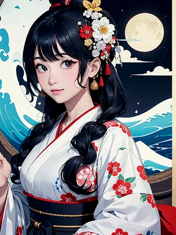 (Highest quality、masterpiece、High resolution、8K)、Ukiyo-e、Vibrant colors、Katsushika Hokusai、1 female、Black hair Japanese topknot、whole body、The kimono has a vivid floral pattern on a white background.、Official Art、背景はUkiyo-e風、White waves and Mt. Fuji、Flowers and Moon、White waves and the moon