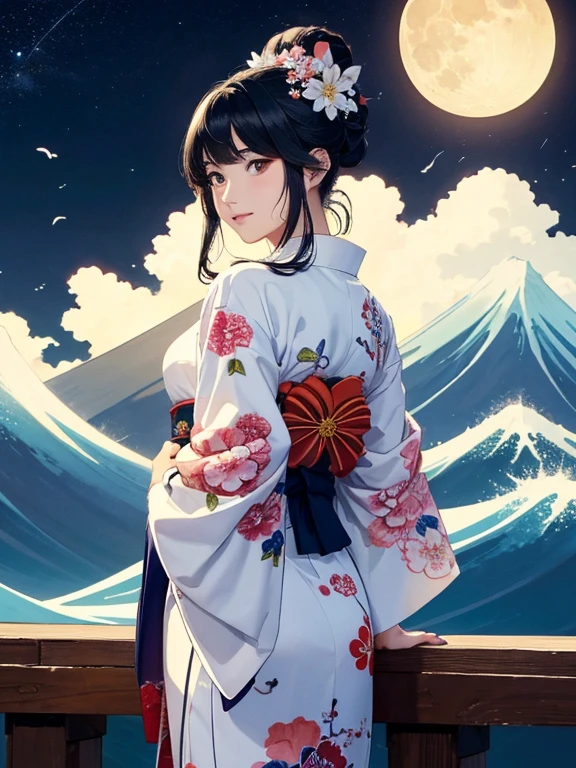 (Highest quality、masterpiece、High resolution、8K)、Ukiyo-e、Vibrant colors、Katsushika Hokusai、1 female、Black hair Japanese topknot、whole body、The kimono has a vivid floral pattern on a white background.、Official Art、背景はUkiyo-e風、White waves and Mt. Fuji、Flowers and Moon、White waves and the moon