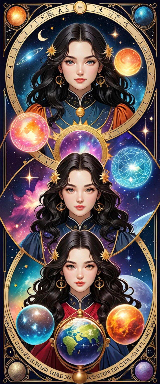 最Highest quality, Highest quality, 16K, Unbelievably absurd, Very detailed, 2.5D, delicate and dynamic, , formal, universe space, Night Sky, Crescent Moon, constellation, Gorgeous nebula, meteor, , Tarot Cards, Giant magic circle, A complex magic circle, Colorful magic circle, A colorful celestial globe, Small face, Very delicate facial expressions, Delicate eye depiction, Upper body close-up, erotic, One sexy woman, Cool woman, black long wavy hair, Healthy body shape, 25-year-old woman, Cool woman, Height: 170cm, huge bouncing busts, astrologer, Horoscope, Tarot Cards, Calm expression, A complex magician&#39;s outfit, Magician&#39;s outfit in chic colors, garter belt, Fishnet tights, Magician&#39;s Shoes, Fortune telling, Declare, Tarot Cardsを配る, Tarot Cardsをばらまく