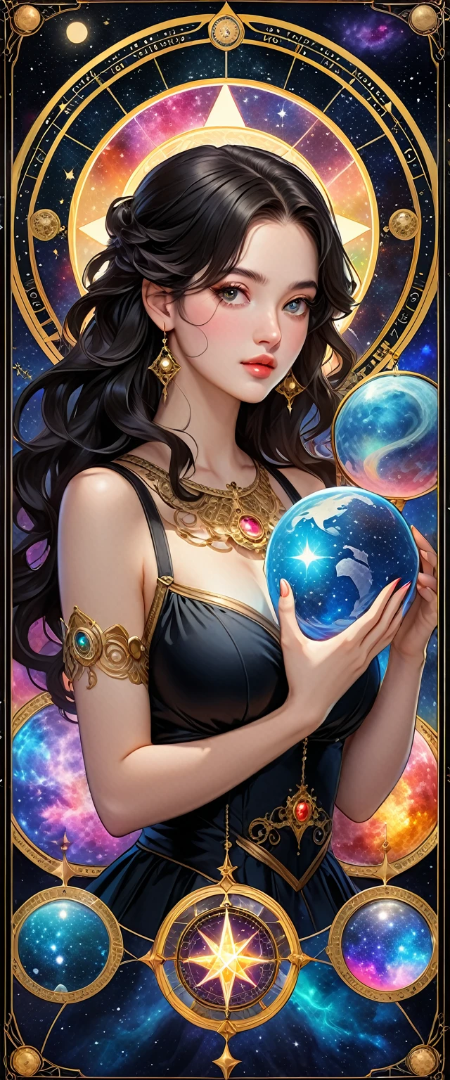 最Highest quality, Highest quality, 16K, Unbelievably absurd, Very detailed, 2.5D, delicate and dynamic, , formal, universe space, Night Sky, Crescent Moon, constellation, Gorgeous nebula, meteor, , Tarot Cards, Giant magic circle, A complex magic circle, Colorful magic circle, A colorful celestial globe, Small face, Very delicate facial expressions, Delicate eye depiction, Upper body close-up, erotic, One sexy woman, Cool woman, black long wavy hair, Healthy body shape, 25-year-old woman, Cool woman, Height: 170cm, huge bouncing busts, astrologer, Horoscope, Tarot Cards, Calm expression, A complex magician&#39;s outfit, Magician&#39;s outfit in chic colors, garter belt, Fishnet tights, Magician&#39;s Shoes, Fortune telling, Declare, Tarot Cardsを配る, Tarot Cardsをばらまく