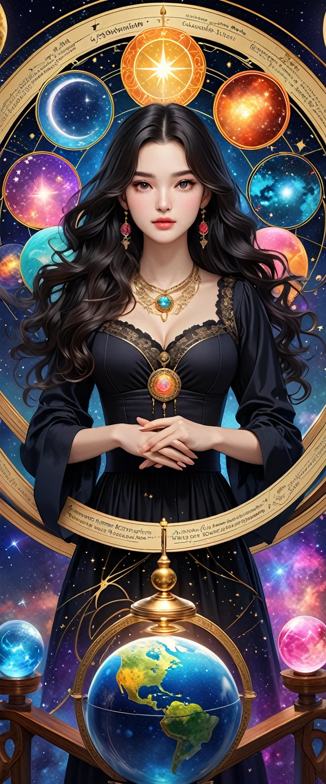 最Highest quality, Highest quality, 16K, Unbelievably absurd, Very detailed, 2.5D, delicate and dynamic, , formal, universe space, Night Sky, Crescent Moon, constellation, Gorgeous nebula, meteor, , Tarot Cards, Giant magic circle, A complex magic circle, Colorful magic circle, A colorful celestial globe, Small face, Very delicate facial expressions, Delicate eye depiction, Upper body close-up, erotic, One sexy woman, Cool woman, black long wavy hair, Healthy body shape, 25-year-old woman, Cool woman, Height: 170cm, huge bouncing busts, astrologer, Horoscope, Tarot Cards, Calm expression, A complex magician&#39;s outfit, Magician&#39;s outfit in chic colors, garter belt, Fishnet tights, Magician&#39;s Shoes, Fortune telling, Declare, Tarot Cardsを配る, Tarot Cardsをばらまく