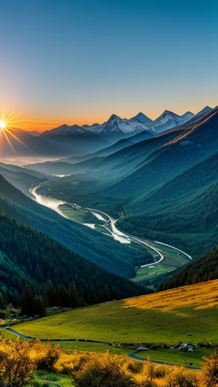 The first rays of the sun illuminating the valley and the mountain.