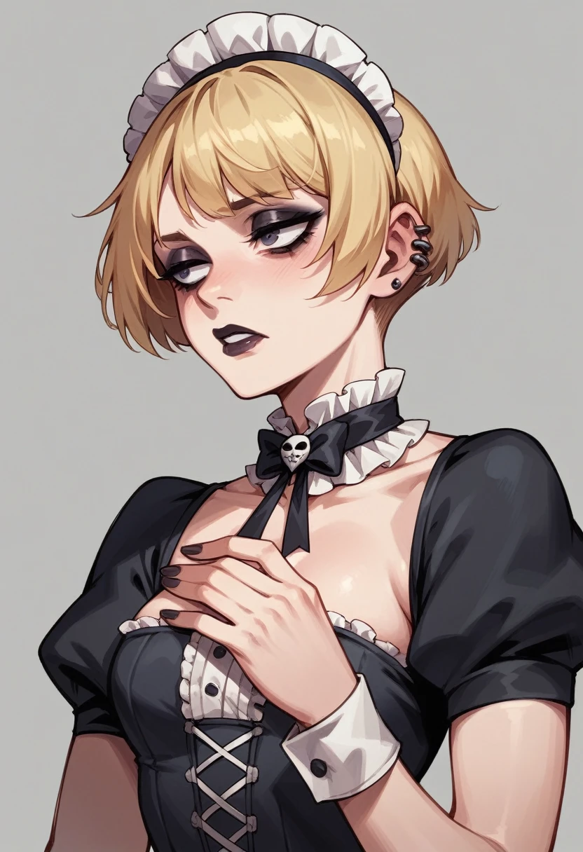 Blonde goth maid ,short hair depressed look,in a haunted mansion