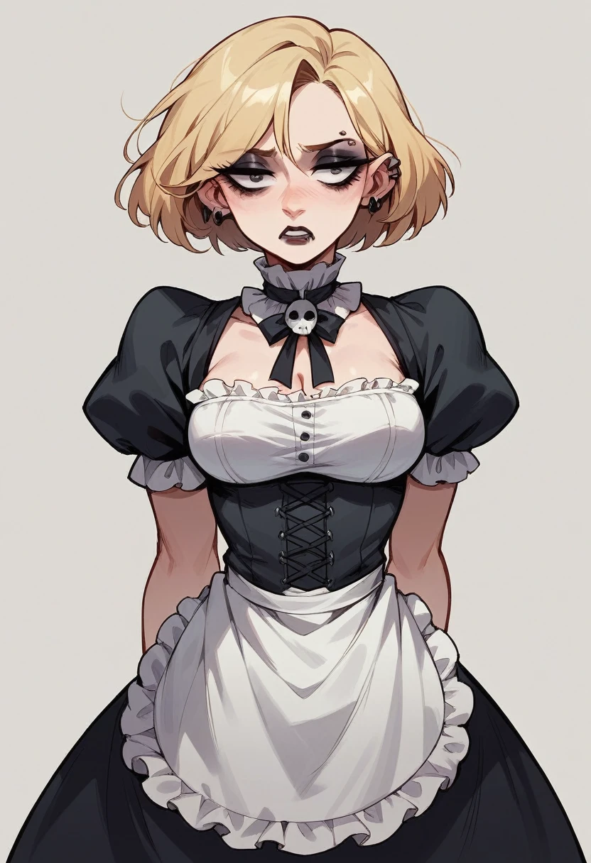 Blonde goth maid ,short hair depressed look,in a haunted mansion