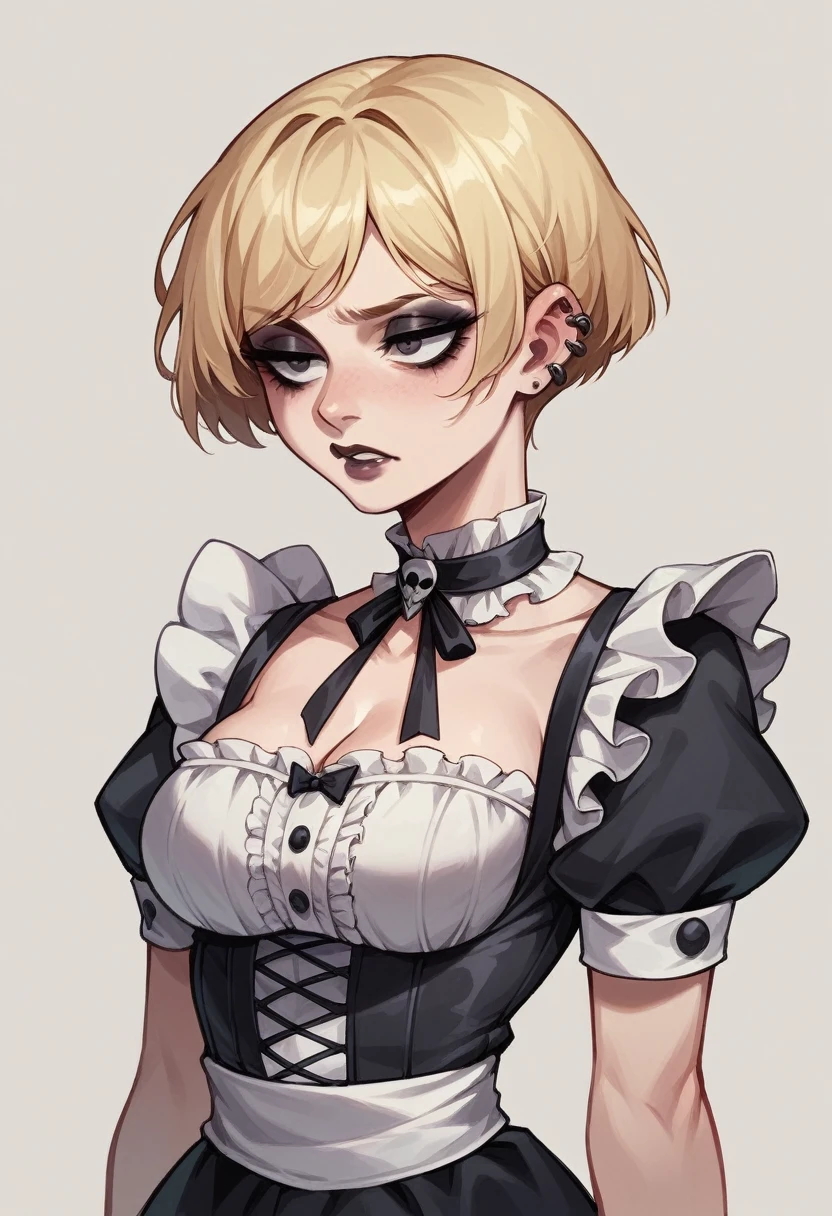 Blonde goth maid ,short hair depressed look,in a haunted mansion