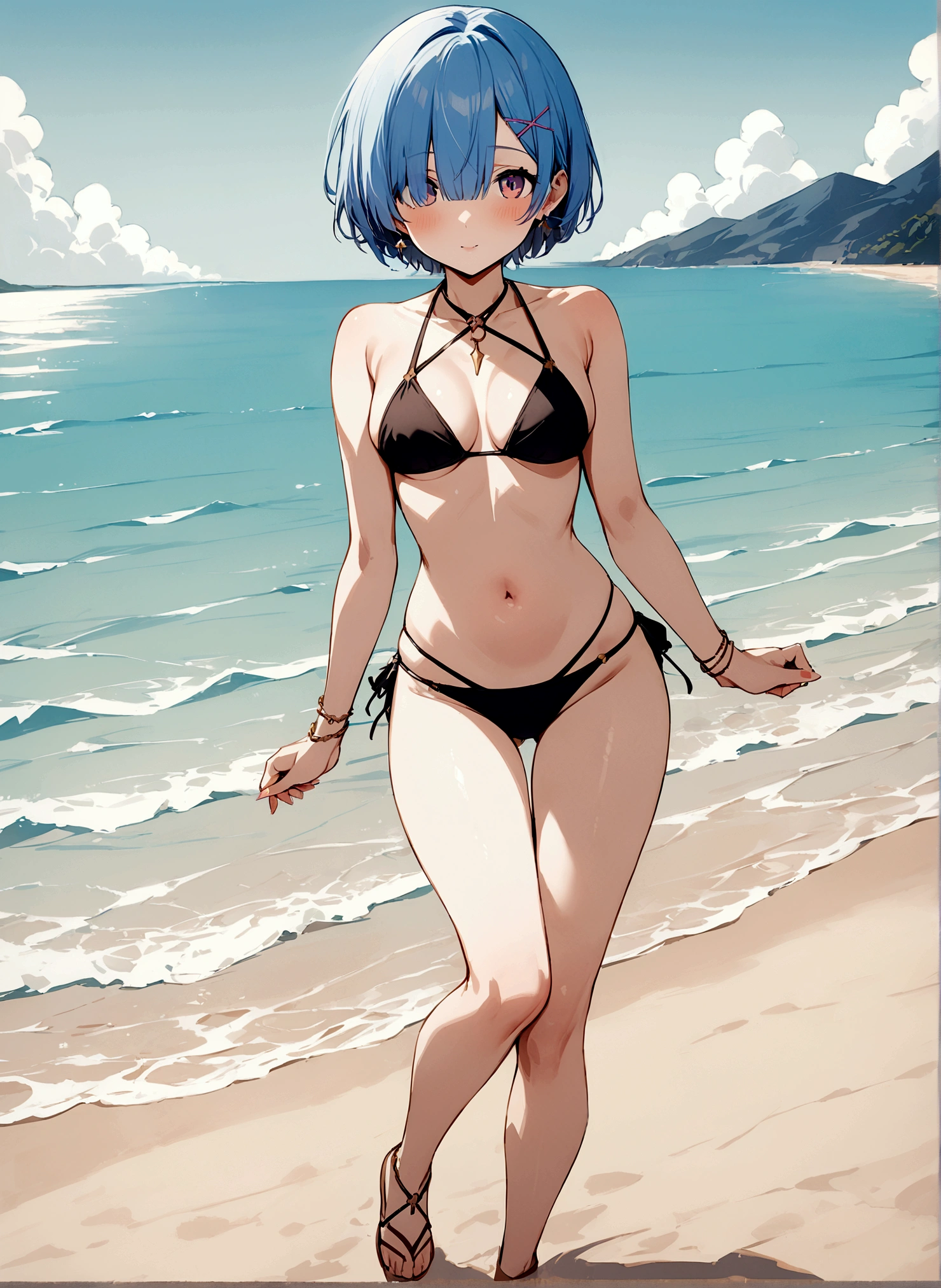 masterpiece, Highest quality, Rem, One girl,bikini,whole body,Seaside