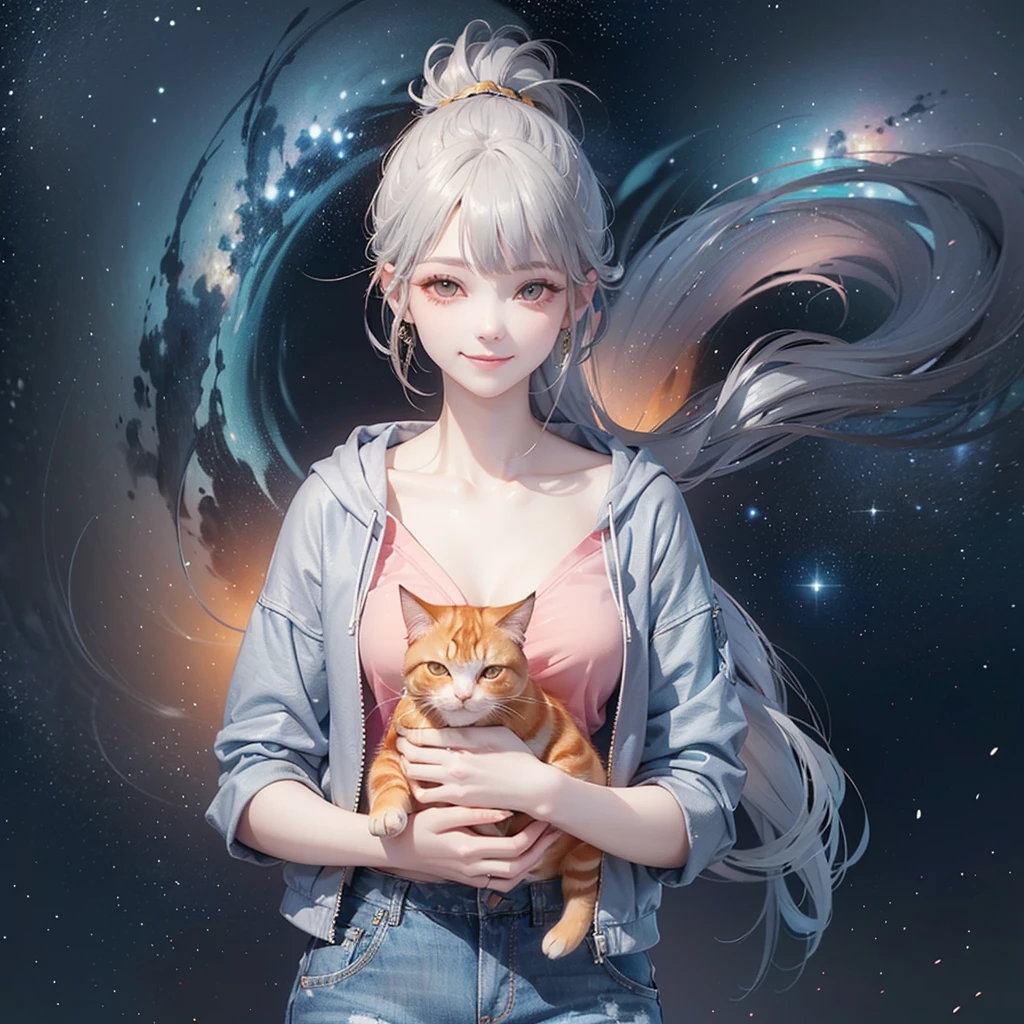 (((Holding a cute orange fat cat with super short legs in both hands,Correct anatomy))),((Highest quality,masterpiece,一位Mature美女,Super thin air parted bangs,Light blue denim gray hooded jacket,Blue gray high ponytail super long straight hair,Double sideburn curly hair,Hair ends curled in,Gray powder clothes,Exposed clavicle,Show earlobes)),((Mature,Smile slightly,Look at the camera head-on)),starry sky galaxy background,Denim texture