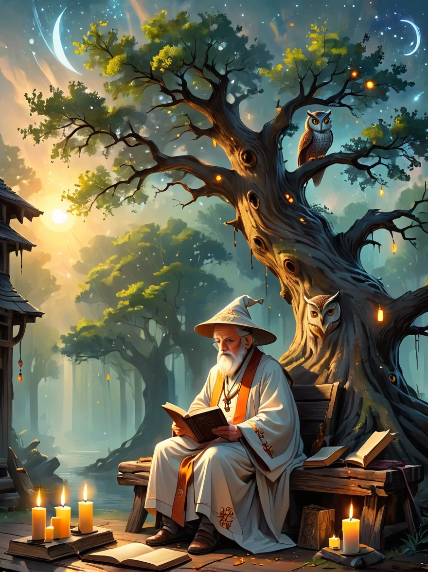 (Astrologer:1.5), Create an image that personifies the abstract concept of wisdom. Depict an old oak tree with deep roots and a wide canopy, representing the depth and breadth of knowledge. Nearby, on a rustic wooden bench sits an elderly Caucasian man, adorned in a robe, peacefully reading an ancient leather-bound book. Sprinkled around are symbols of wisdom like an owl sitting on a tattooed branch and a group of glowing candles casting soft shadows. The setting sun in the background symbolizes the passage of time an important aspect of gaining wisdom