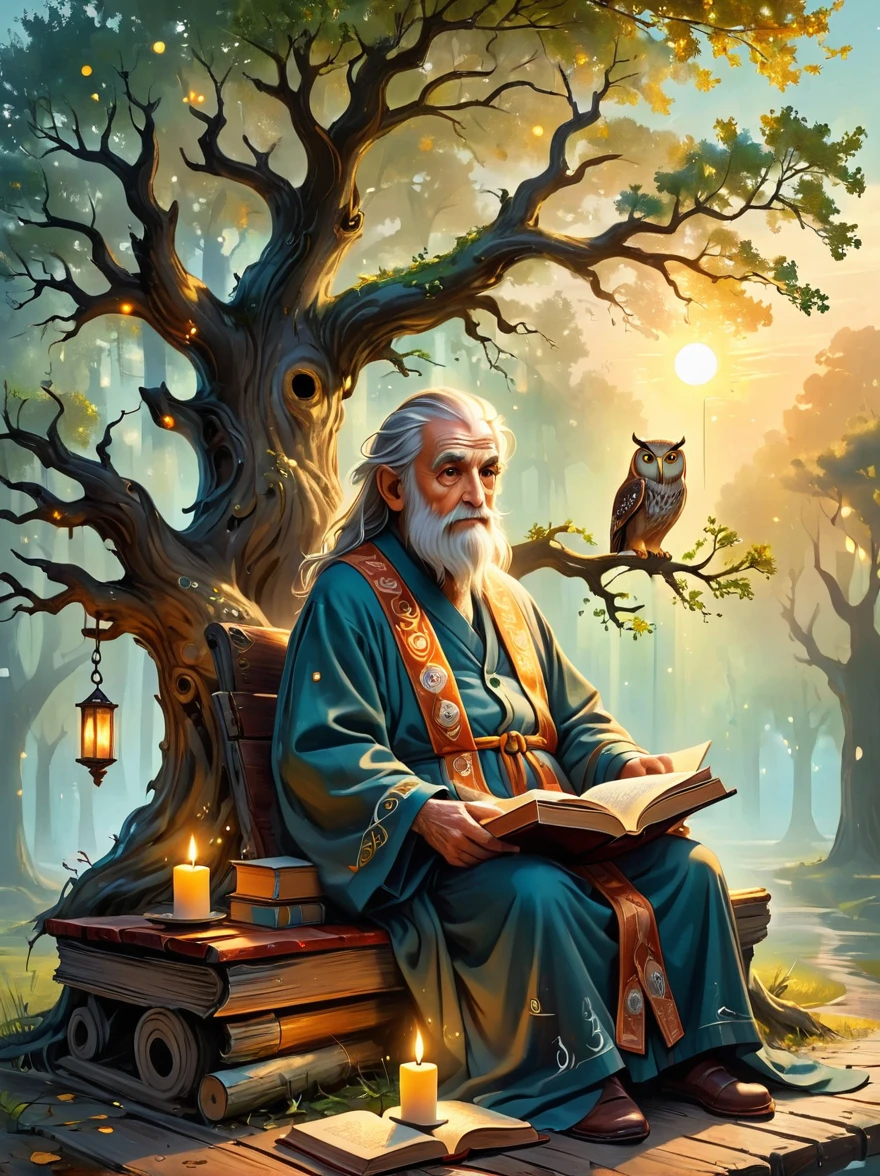 (Astrologer:1.5), Create an image that personifies the abstract concept of wisdom. Depict an old oak tree with deep roots and a wide canopy, representing the depth and breadth of knowledge. Nearby, on a rustic wooden bench sits an elderly Caucasian man, adorned in a robe, peacefully reading an ancient leather-bound book. Sprinkled around are symbols of wisdom like an owl sitting on a tattooed branch and a group of glowing candles casting soft shadows. The setting sun in the background symbolizes the passage of time an important aspect of gaining wisdom