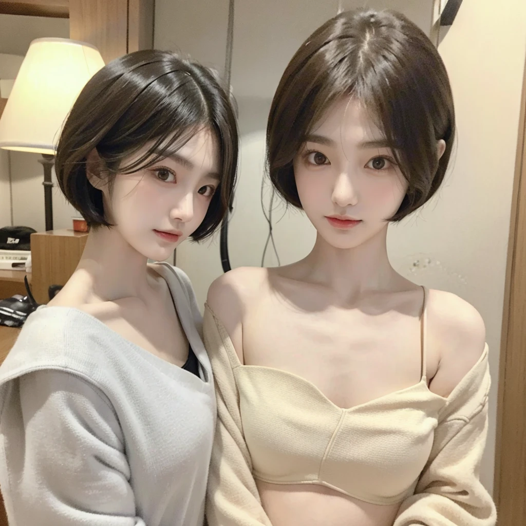 Two 20 year old Korean girls. Pale skin, straight short bob haircut dark  brown hair,  brown eyes, soft and delicate lips, thin, slanted double-lidded eyes, medium bust. In a hotel. With brand clothes 