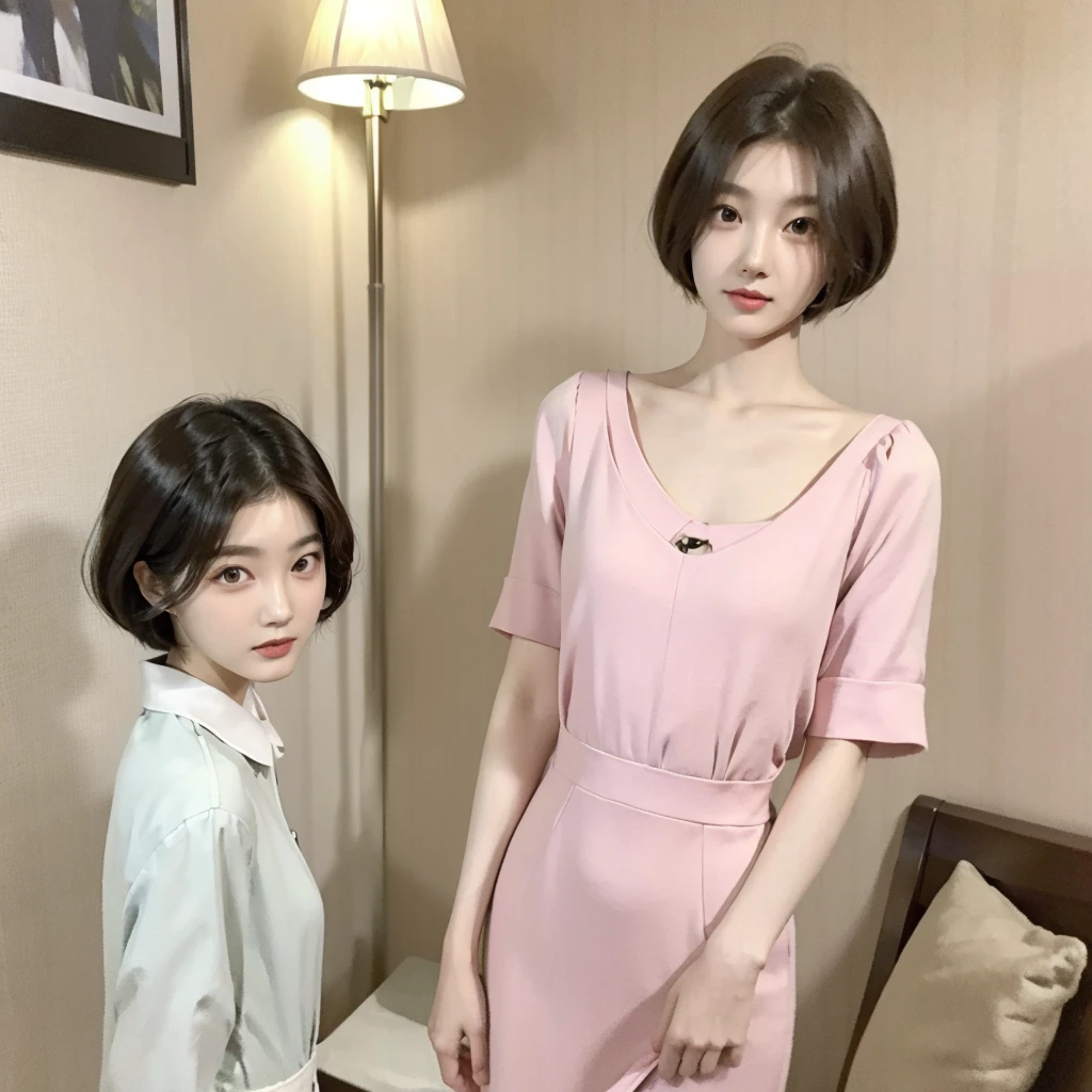 Two 20 year old Korean girls. Pale skin, straight short bob haircut dark brown hair, brown eyes, soft and delicate lips, thin, slanted double-lidded eyes, medium bust. In a hotel. With brand clothes