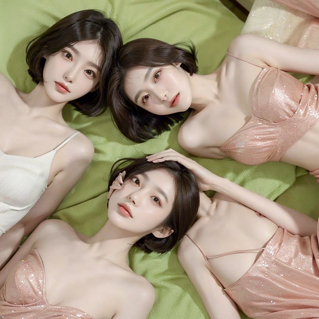 Two 20 year old Korean girls. Pale skin, straight short bob haircut dark brown hair, brown eyes, soft and delicate lips, thin, slanted double-lidded eyes, medium bust. In a hotel. With brand clothes
