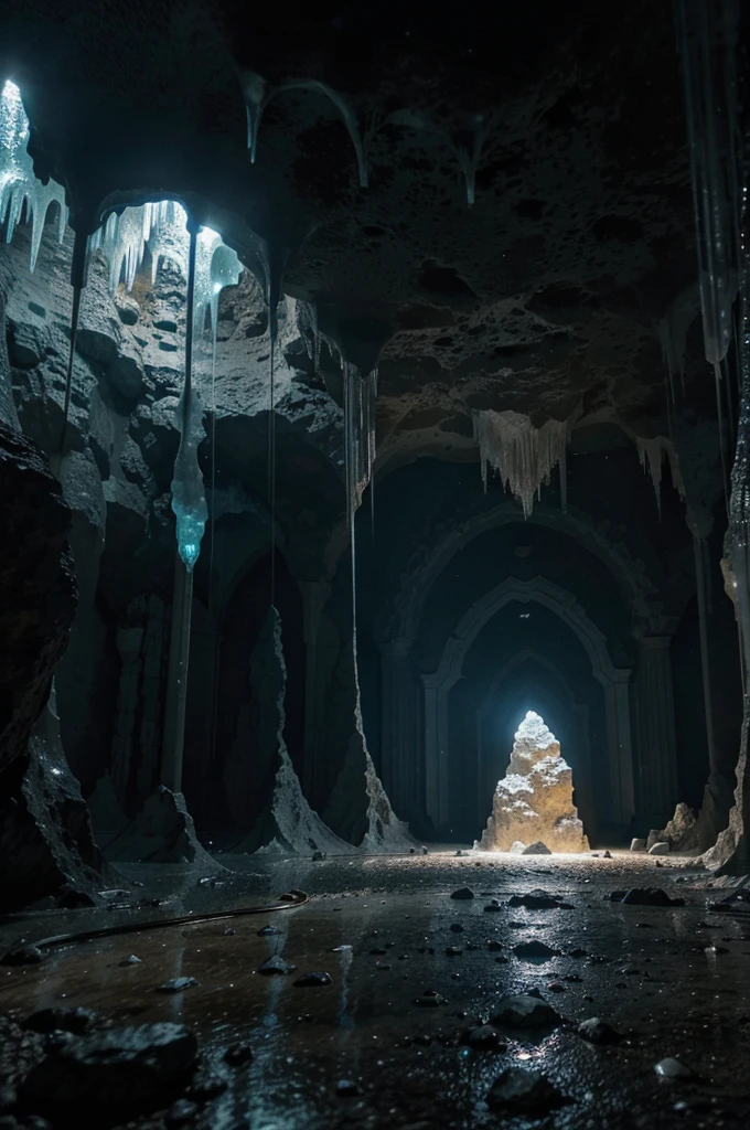 In a place full of stalactites，There is a stone floor in the middle，There is a little bit of granular blue light on the stalactites，for campfire bug eggs，There is a faint light shining next to the stalactites