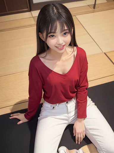 Japanese female, a lot of details, (underweight), 30 years old, detailed black hair, beautiful detailed hair, super fucking beautiful, delicate beautiful face, complex details beautiful and delicate eyes, perfect hands, (flat chest best quality:1.5), perfect and delicate limbs, detailed skin, best quality, ultra-detailed,(cheerful grin:1.5),
izakaya, food photo, sitting, legs spread, semi long, (red long-sleeved t-shirt), (white jeans), japanese, wide shot, from front, birds-eye view