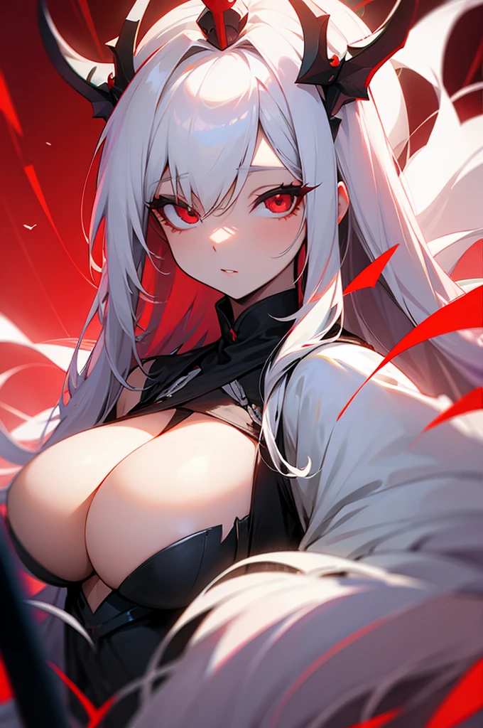 Woman long white hair red eyes big breast queen