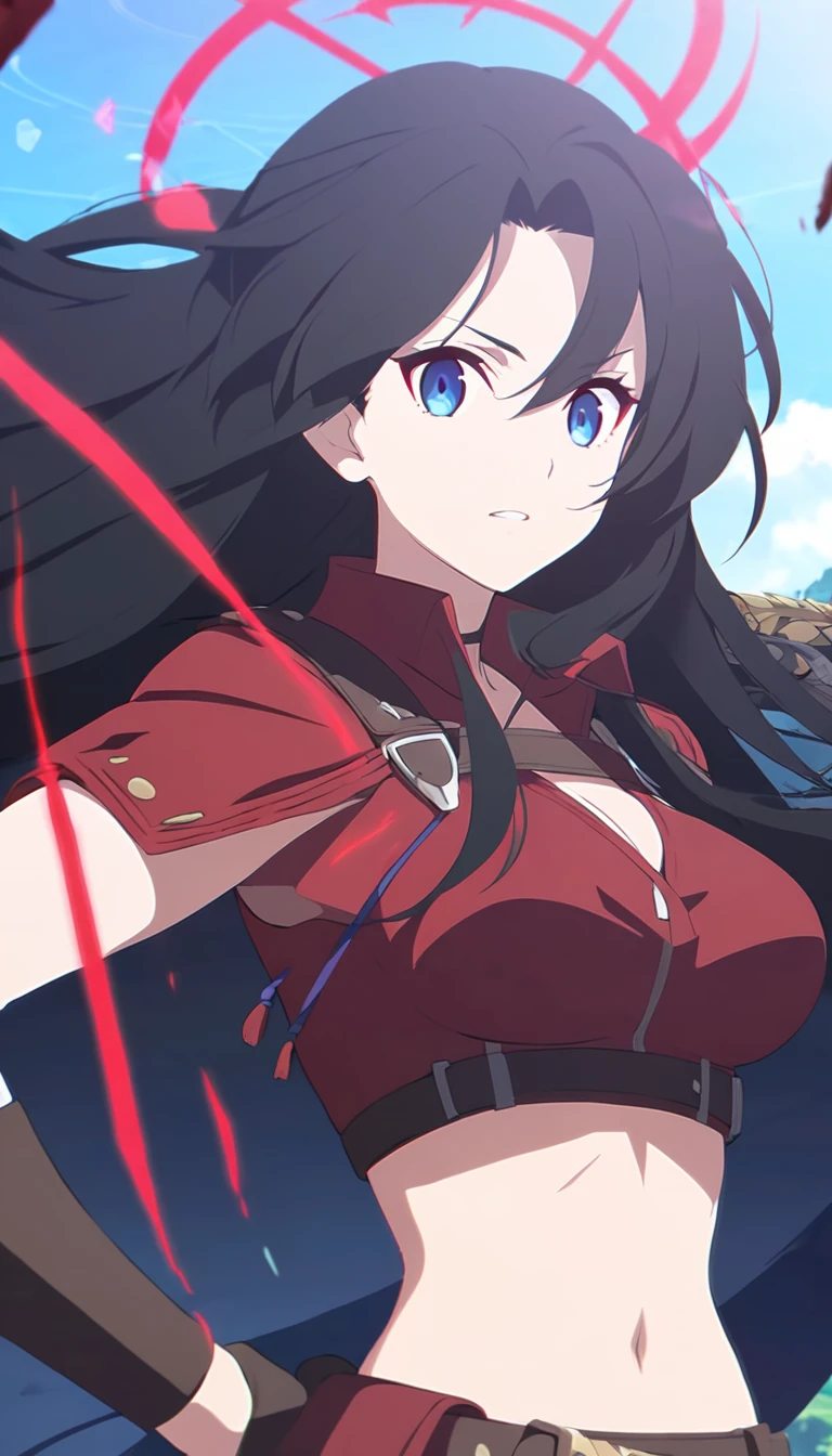 girl, anime, warrior, long hair with red and blue lines, pretty eyes, black hair, full leather 