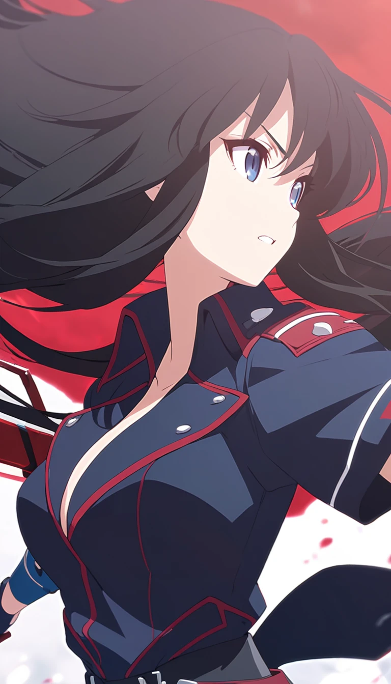 girl, anime, warrior, long hair with red and blue lines, pretty eyes, black hair, full leather