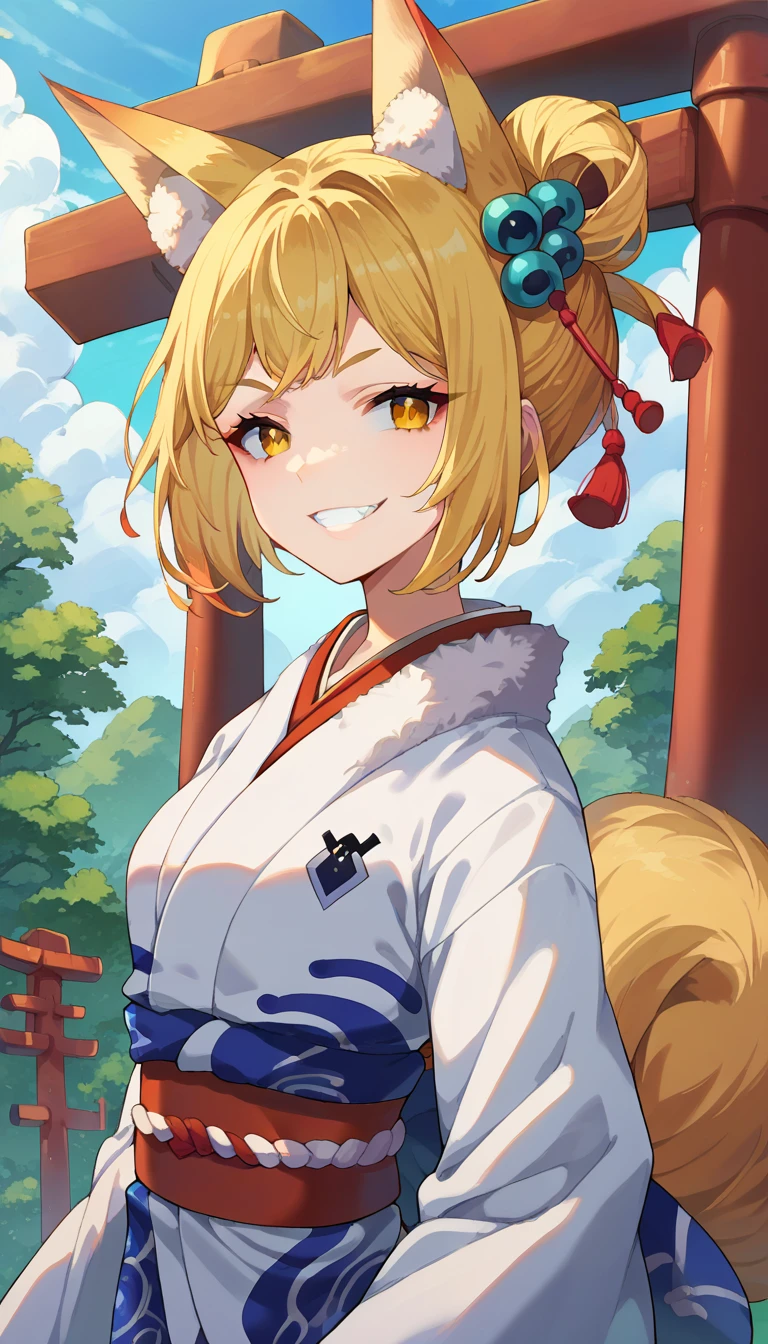 score_9, score_8_up, score_7_up, score_6_up, score_5_up, score_4_up, source anime, 1girl, tail, animal ears, blonde hair, fox tail, fox ears, solo, fur trim, yellow eyes, bangs, shiny hair, kimono, hair ornament, shiny, multicolored hair, long sleeves, short hair, teeth, parted lips, wide sleeves, grin, upper body, torii