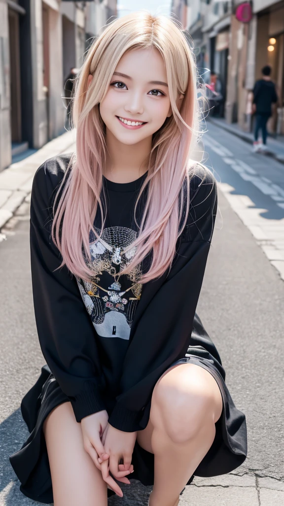 18-year-old、Tabletop, Highest quality, shape, Very detailed, In detail, High resolution, 8k wallpaper, Perfect dynamic composition, Beautiful details, Super long hair、smile、Blonde Hair、Pink inner color hair、Street Snap、Silver Eyes、Beautiful feet、Various clothes