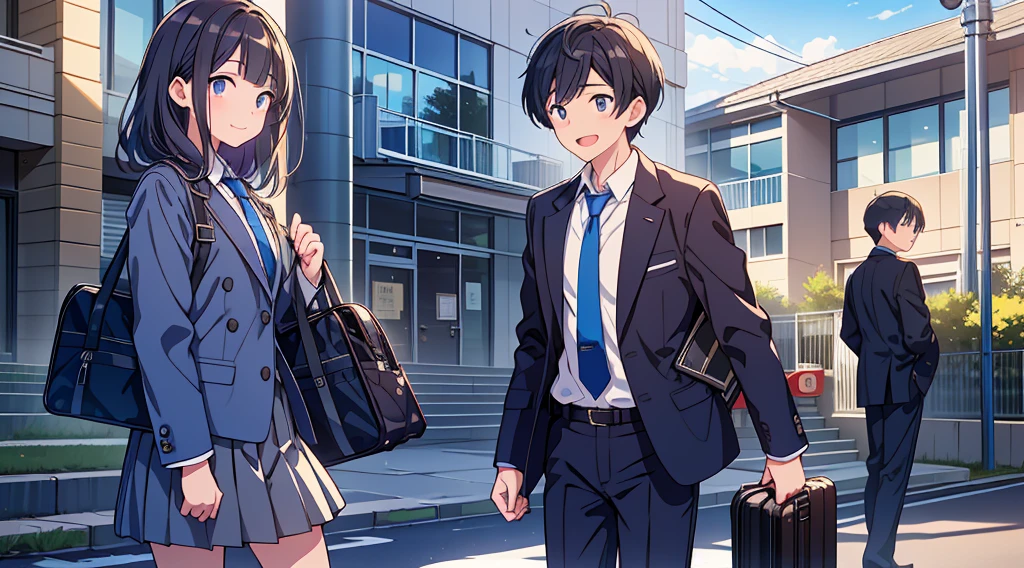 Highest quality, Ultra-high resolution, masterpiece, 8K quality,My son, a junior high school student, wears a navy blue blazer for his uniform.、Blue tie、Navy blue school bag、A mother seeing her son off to junior high school、 Laughing happily. There is a building in the background, Flat school building, Warm Spring.