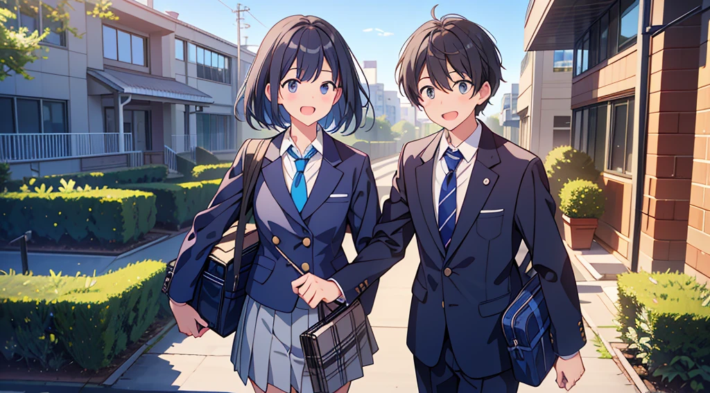 Highest quality, Ultra-high resolution, masterpiece, 8K quality,My son, a  high schoolnt, wears a navy blue blazer for his uniform.、Blue tie、Navy blue school bag、A mother seeing her son off to junior high school、 Laughing happily. There is a building in the background, Flat school building, Warm Spring.