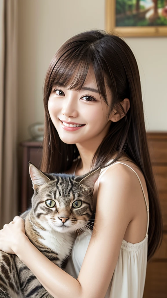 high resolution、Very beautiful woman、nice smile、Clear photos、Realistic photos、Stroking the cat's head