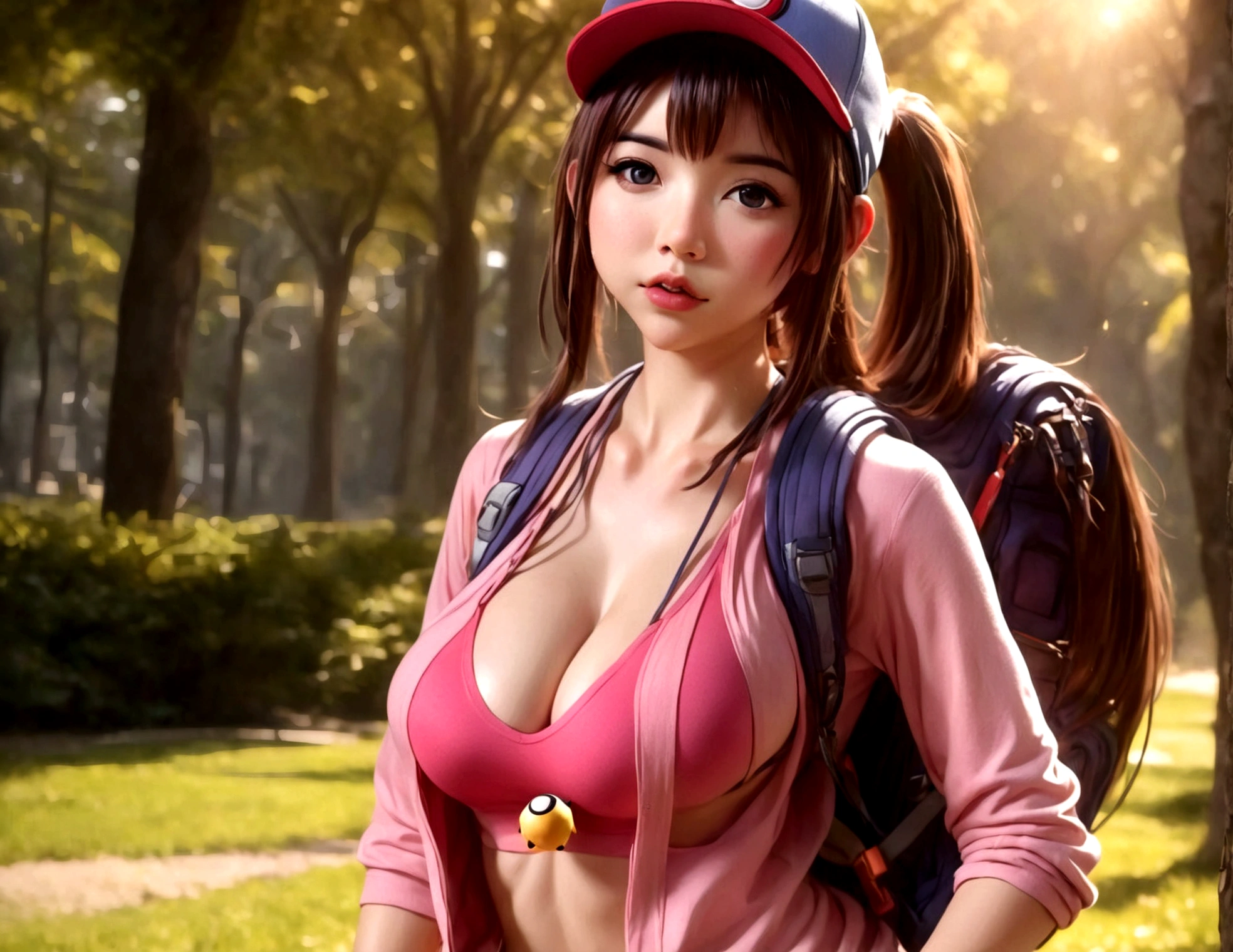 (subject 1:cute woman pokemon trainer) determined look, has tossed a pokeball which releases (subject 2: woman, mega busty, well defined vagina, in pokemon boots and ears, confused and embarrassed, attempting to hand bra) crowded park in daytime, (best quality,4k,8k,highres,masterpiece:1.2),ultra-detailed,(realistic,photorealistic,photo-realistic:1.37),8k, hyperrealistic, extremely detailed, highly detailed, intricate details, soft lighting, vibrant colors, warm palette, dynamic composition, cinematic lighting, depth of field, stunning visuals, striking pose, photorealistic, professional quality, digital art, 3D render, concept art, fantasy, magical realism, whimsical, playful, humorous
