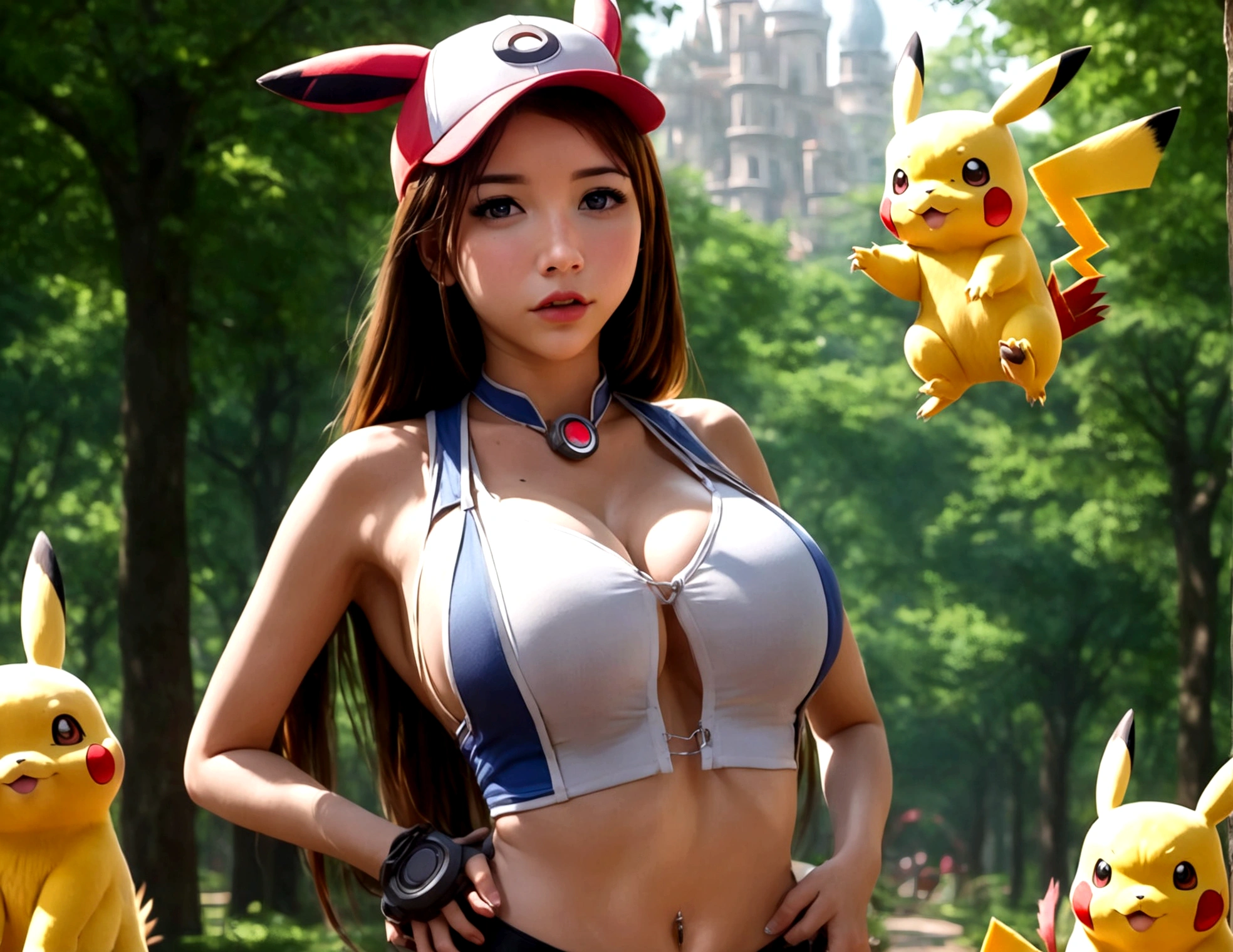 (subject 1:cute woman pokemon trainer) determined look, has tossed a pokeball which releases (subject 2: woman, mega busty, well defined vagina, in pokemon boots and ears, confused and embarrassed, attempting to hand bra) crowded park in daytime, (best quality,4k,8k,highres,masterpiece:1.2),ultra-detailed,(realistic,photorealistic,photo-realistic:1.37),8k, hyperrealistic, extremely detailed, highly detailed, intricate details, soft lighting, vibrant colors, warm palette, dynamic composition, cinematic lighting, depth of field, stunning visuals, striking pose, photorealistic, professional quality, digital art, 3D render, concept art, fantasy, magical realism, whimsical, playful, humorous
