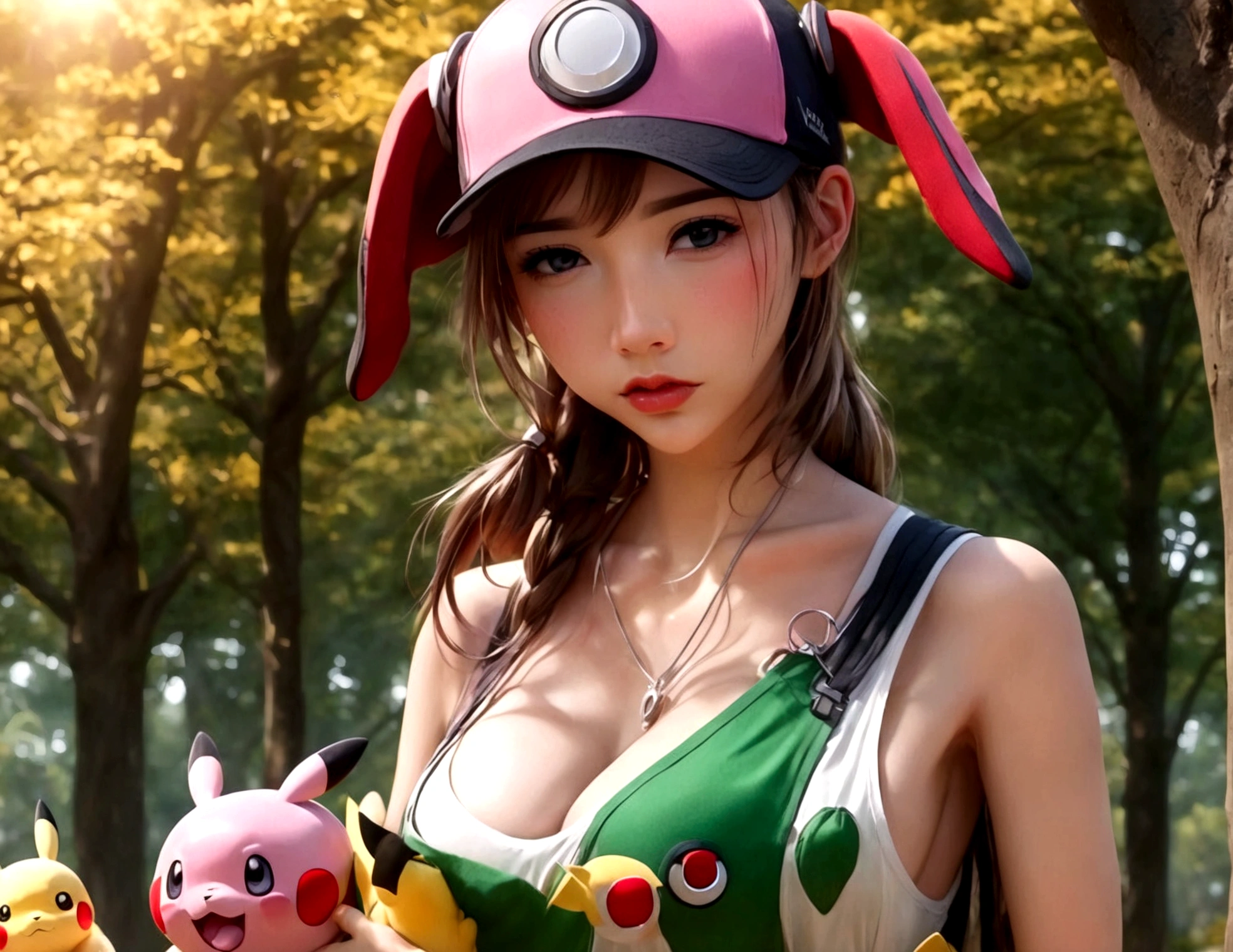 (subject 1:cute woman pokemon trainer) determined look, has tossed a pokeball which releases (subject 2: woman, mega busty, well defined vagina, in pokemon boots and ears, confused and embarrassed, attempting to hand bra) crowded park in daytime, (best quality,4k,8k,highres,masterpiece:1.2),ultra-detailed,(realistic,photorealistic,photo-realistic:1.37),8k, hyperrealistic, extremely detailed, highly detailed, intricate details, soft lighting, vibrant colors, warm palette, dynamic composition, cinematic lighting, depth of field, stunning visuals, striking pose, photorealistic, professional quality, digital art, 3D render, concept art, fantasy, magical realism, whimsical, playful, humorous
