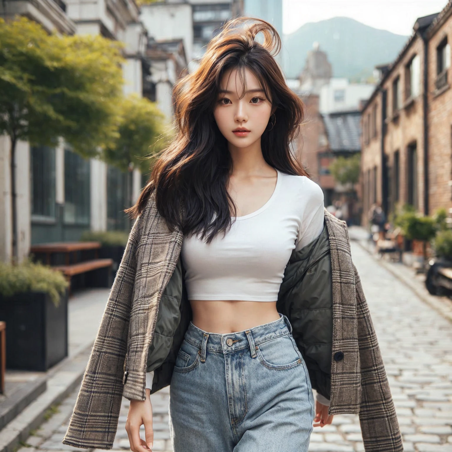 Beautiful young Korean female walking confidently down a cobblestone street in casual, stylish outfits with jackets, shirts, and jeans. The backdrop is a vintage urban setting with buildings and greenery, blending modern style with a cool urban vibe.