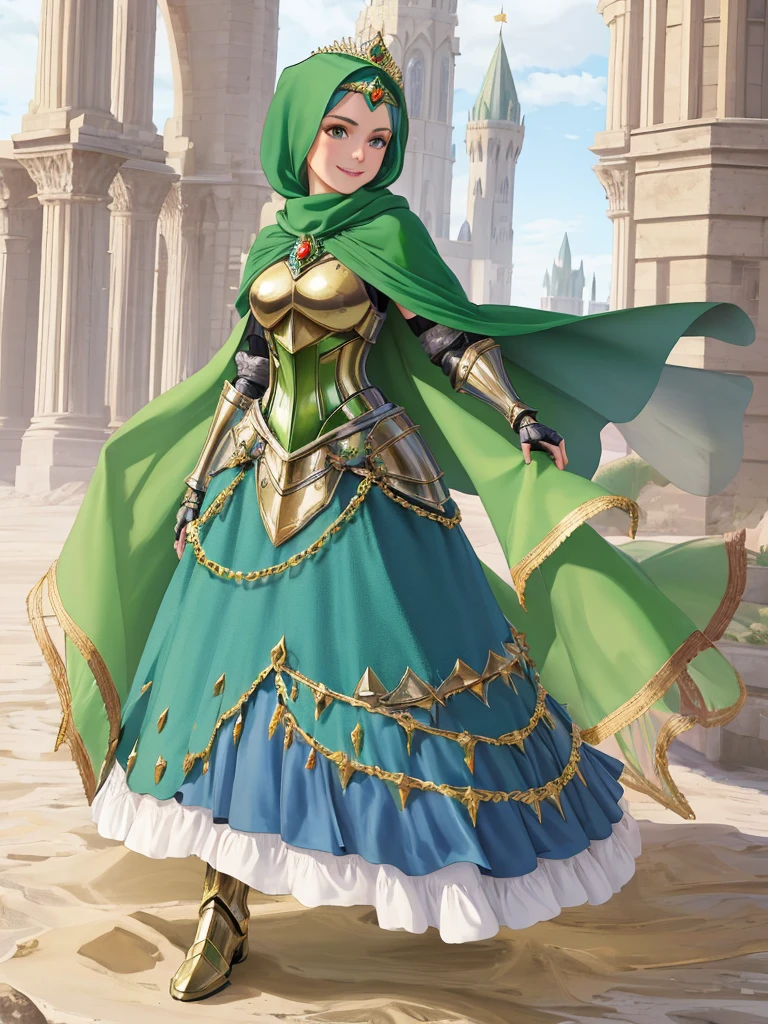 masterpiece, best quality:1.2), 1girl, smile, looking at viewer, green eyes, princess, armor, blue hijab headscarf, pauldrons, armored dress, green cloak cape, wearing puffy blue ballgown skirt, golden tiara with green gem, armored boots, fingerless gloves, standing in front of desert castle