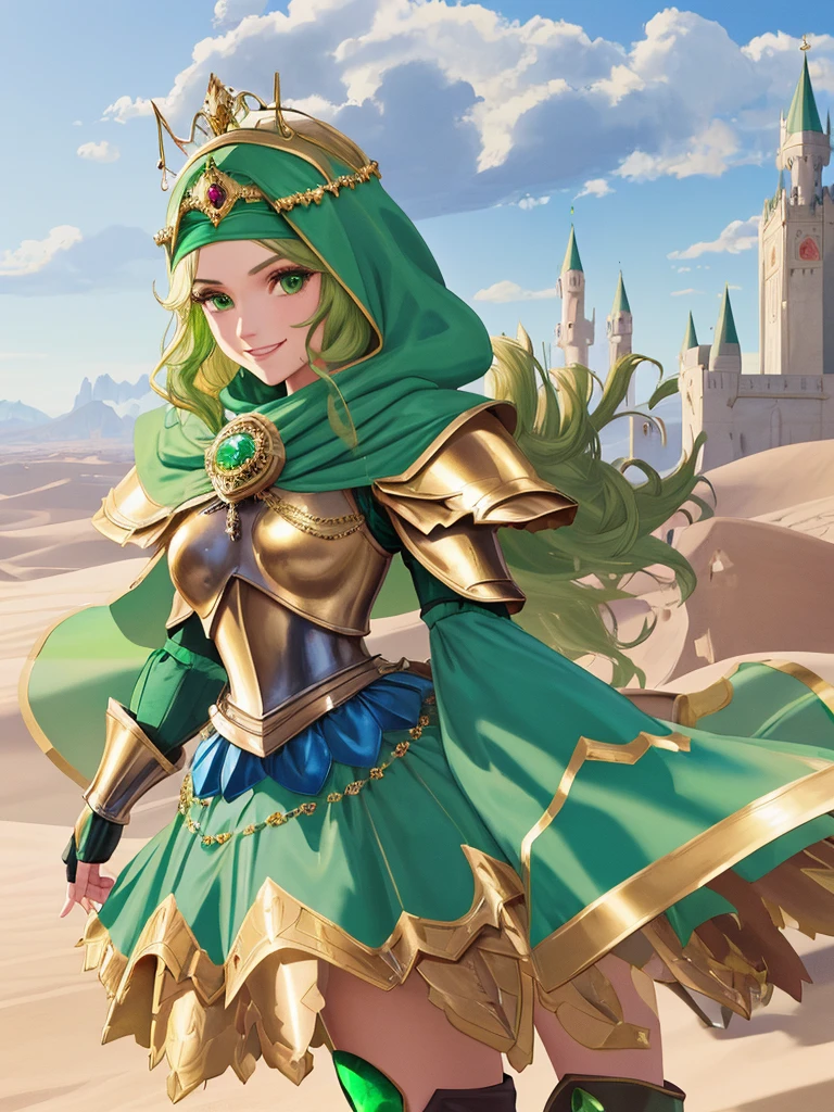 masterpiece, best quality:1.2), 1girl, smile, looking at viewer, green eyes, princess, armor, blue hijab headscarf, pauldrons, armored dress, green cloak cape, wearing puffy blue ballgown skirt, golden tiara with green gem, armored boots, fingerless gloves, standing in front of desert castle