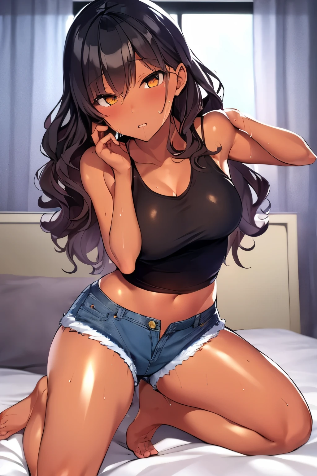 2d, Superb, (Masterpiece), (Full length), (Shiny amber hair:1.6), (Wavy medium hair:1.6), (Brown beautiful girl), (Healthy dark skin), (Sunburn mark), clavicle, (Denim hot pants:1.3), (Tank top), JK,Slender figure ,Glamorous Bare Feet, Leg hair, Brown Eyes, Attractive thighs, Medium chest, bedroom, On the bed, Light from the window, Sexy expression, Sweaty, Wet Hair, Drops from hair,Put your hands on your chest, Breathless, Bold pose